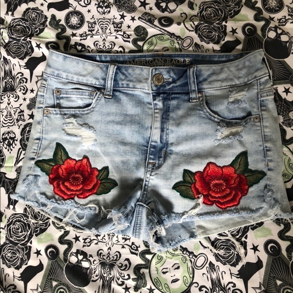American Eagle Embroidered Rose Jean Shorts